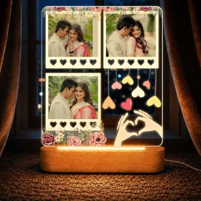 Personalized Wedding & Valentine's Day Gift for Couples, Husband, Wife Decorative Bedside Night Light with Heart Hands Design and Wood Stand